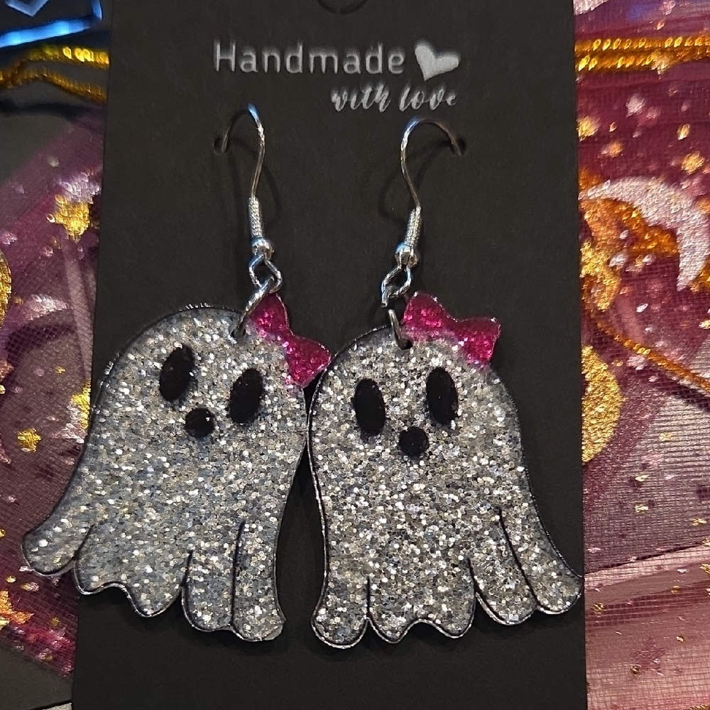Glittery Ghost Earrings with Pink Bows